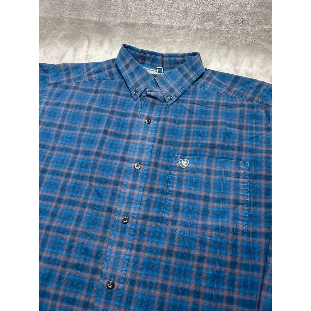 Ariat Pro Series Button Down Shirt Men Large Blue Brown Plaid Long Sleeve